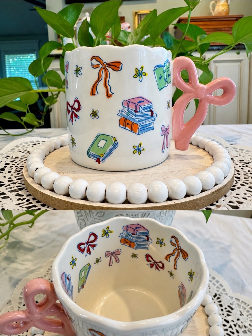 Ceramic Book lovers  Mug with Pink Bow Handle 16oz. 4” tall 4” diameter